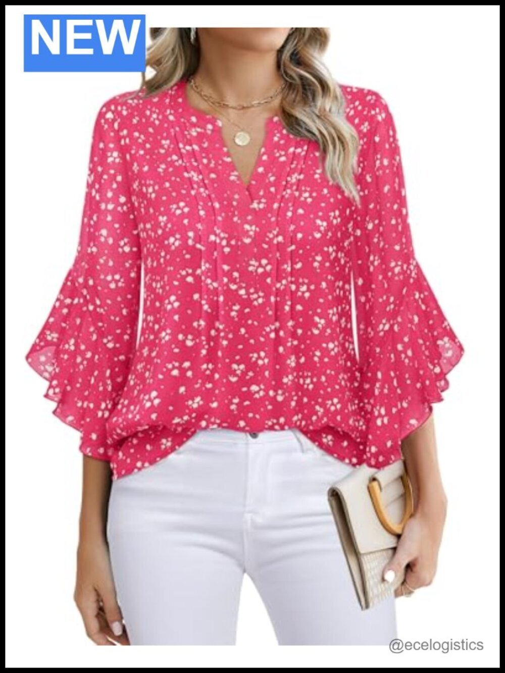 Women's 3/4 Sleeve Tunics Blouse V-Neck Bell Cuff Polka Dot